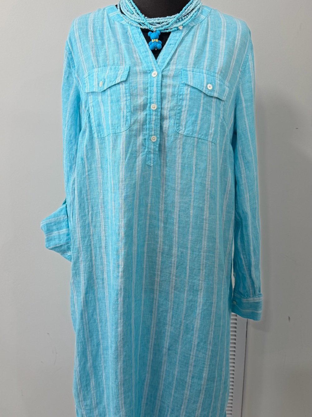 Light Turquoise Striped Button-Front Tunic Dress